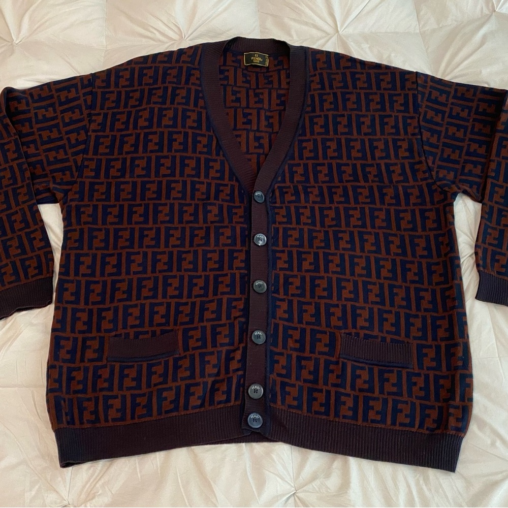 Fendi Men's Navy and Brown Logo Cardigan